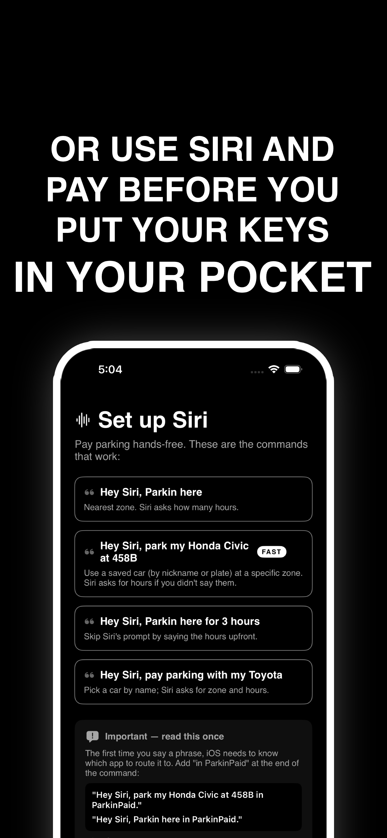 Set up Siri voice commands like Hey Siri Parkin here
