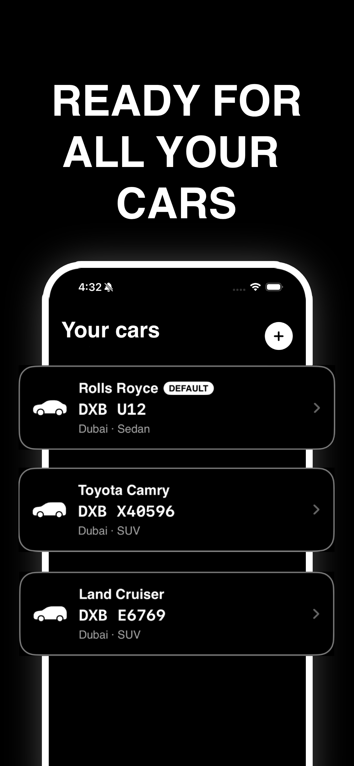 A list of saved vehicles including a Rolls Royce Toyota Camry and Land Cruiser